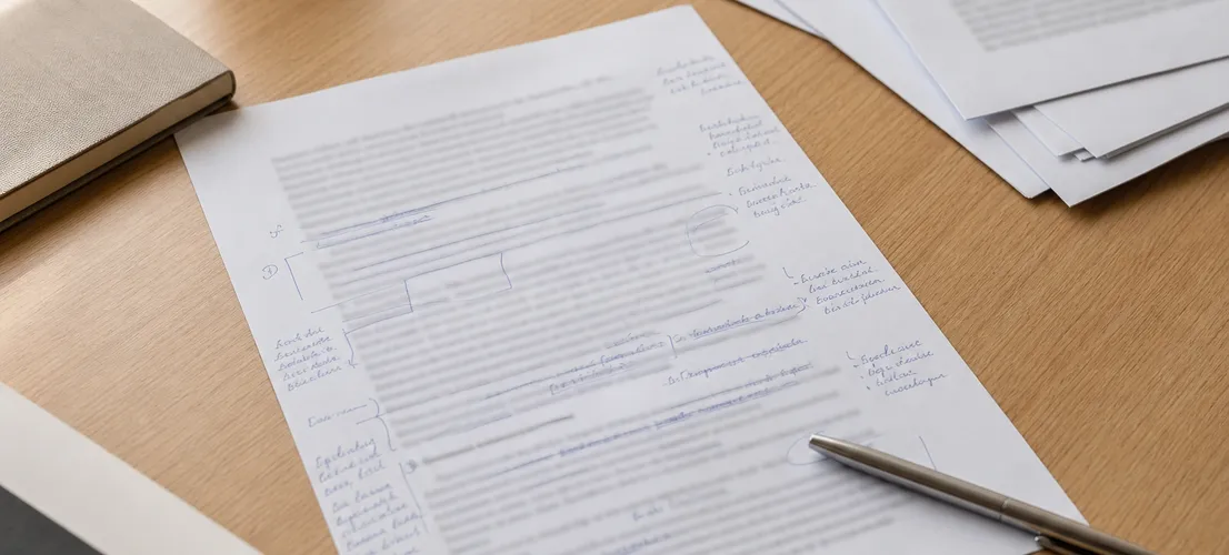 Hoja de borrador revisada a mano entre otros textos genéricos, representando cómo evitar contenido genérico con IA