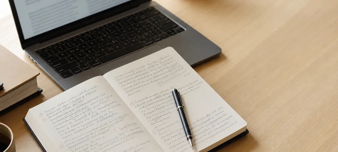 Escritorio de trabajo con portátil y cuaderno anotado, representando la revisión humana del contenido generado con IA
