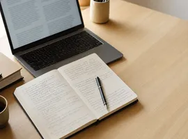 Escritorio de trabajo con portátil y cuaderno anotado, representando la revisión humana del contenido generado con IA