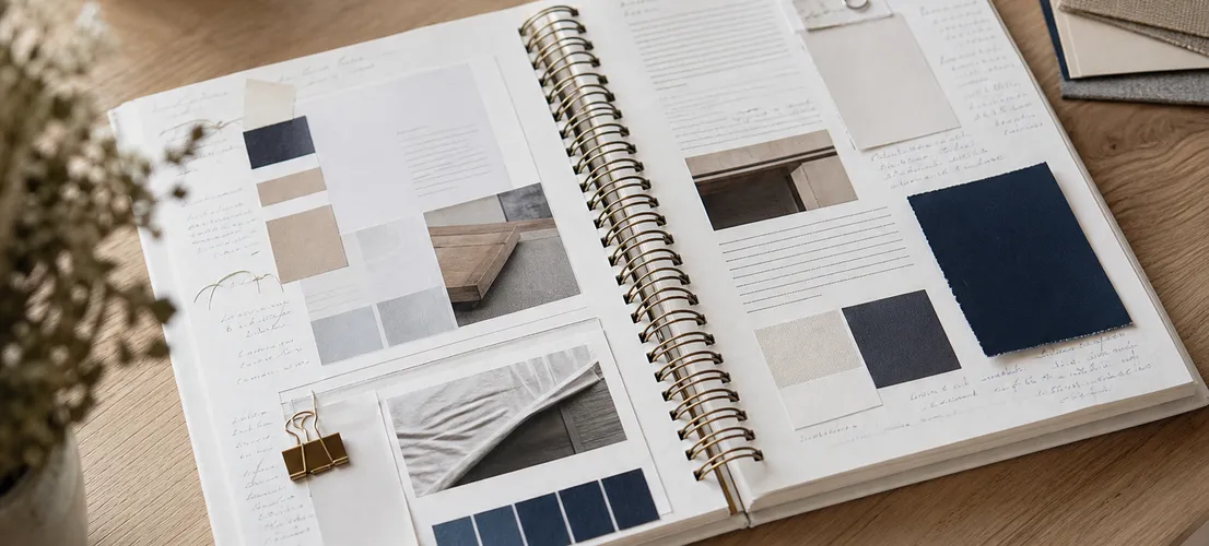 Cuaderno de estilo de marca abierto con notas manuscritas, referencia para mantener la voz de marca con IA