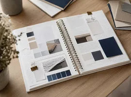 Cuaderno de estilo de marca abierto con notas manuscritas, referencia para mantener la voz de marca con IA