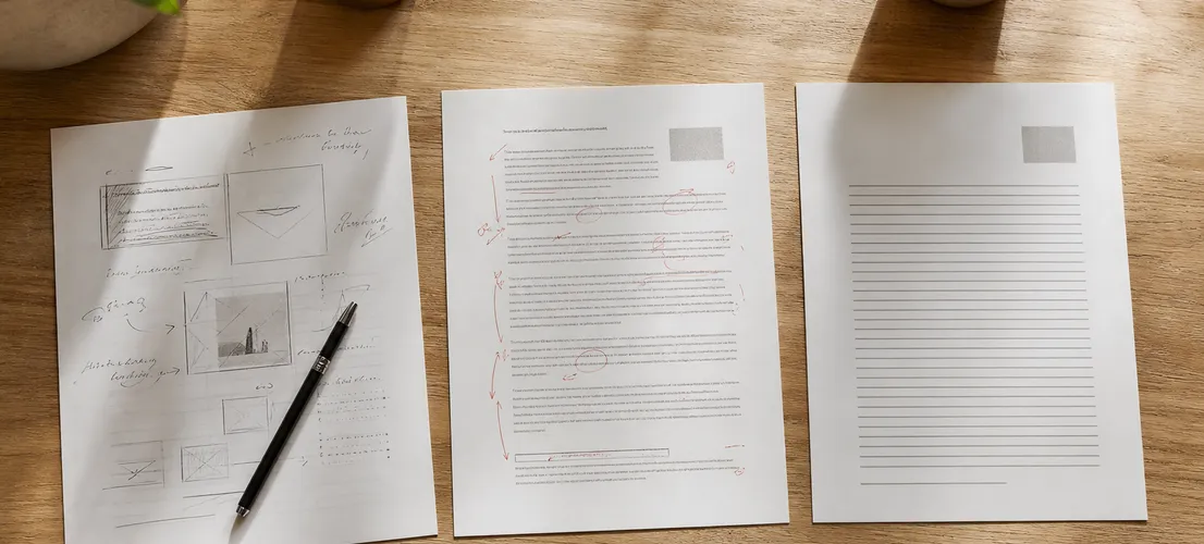 Mesa de trabajo con documentos en distintas fases de edición, representando un proceso de contenido con revisión humana