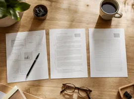 Mesa de trabajo con documentos en distintas fases de edición, representando un proceso de contenido con revisión humana