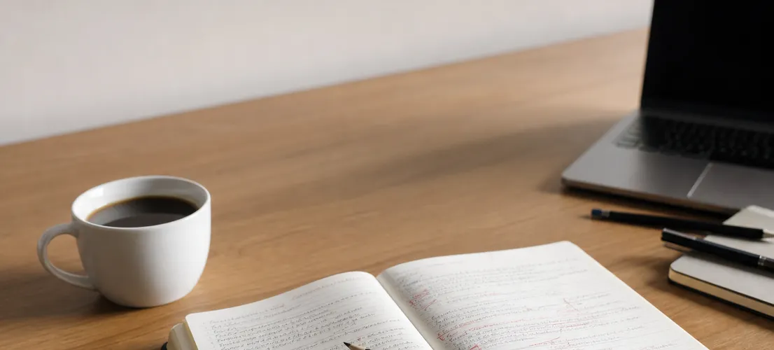 Cuaderno con correcciones manuscritas junto a un portátil, representando el contenido con IA y control humano