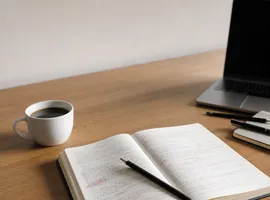 Cuaderno con correcciones manuscritas junto a un portátil, representando el contenido con IA y control humano