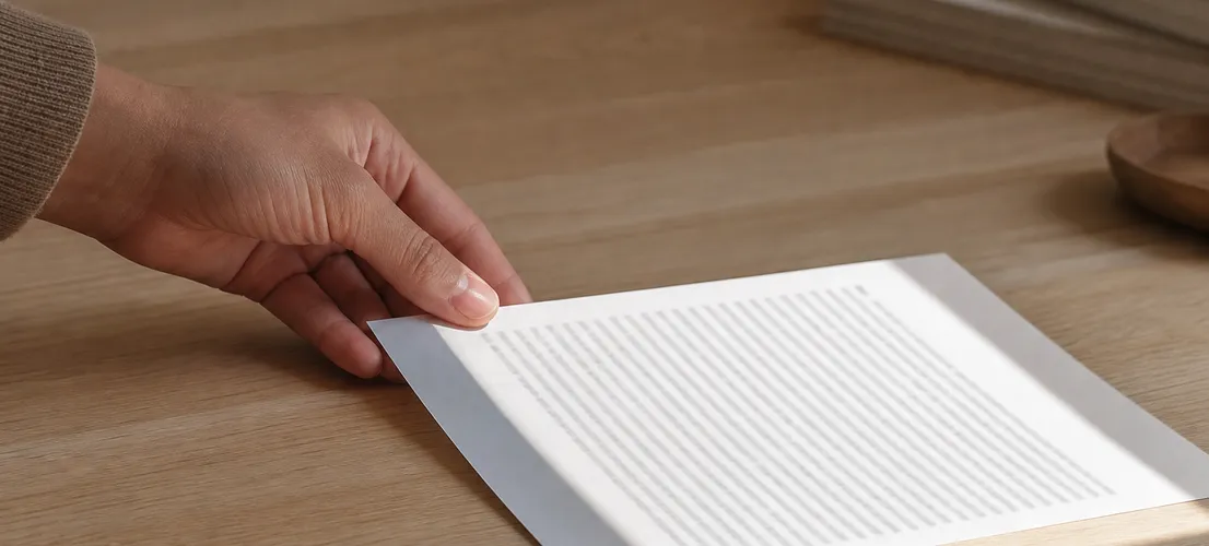 Mano revisando un documento impreso como última comprobación antes de publicar contenido