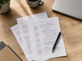 Hojas de un borrador marcadas a mano sobre una mesa, representando el proceso de revisar contenido creado con IA
