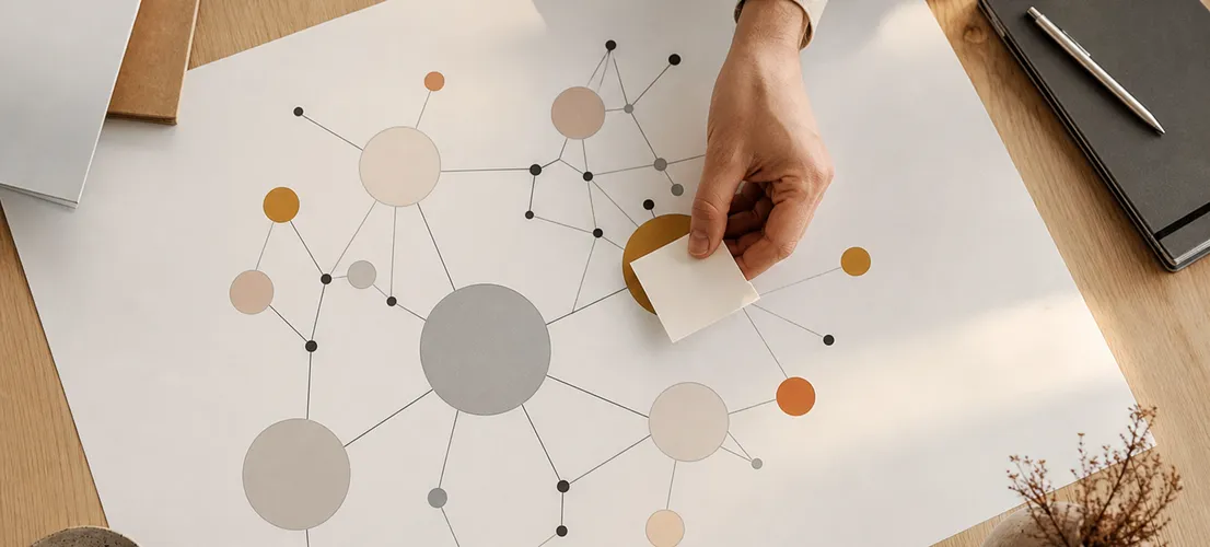 Mapa de contenido temático impreso sobre una mesa, representando cómo escalar contenido SEO con orden