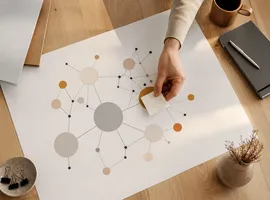 Mapa de contenido temático impreso sobre una mesa, representando cómo escalar contenido SEO con orden
