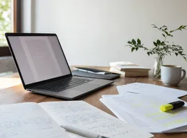 Escritorio editorial con documento en pantalla y notas manuscritas de revisión, representando el equilibrio entre IA y criterio humano