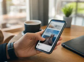 Persona deteniéndose a mirar redes sociales, representando el momento de descubrimiento de un lead frío