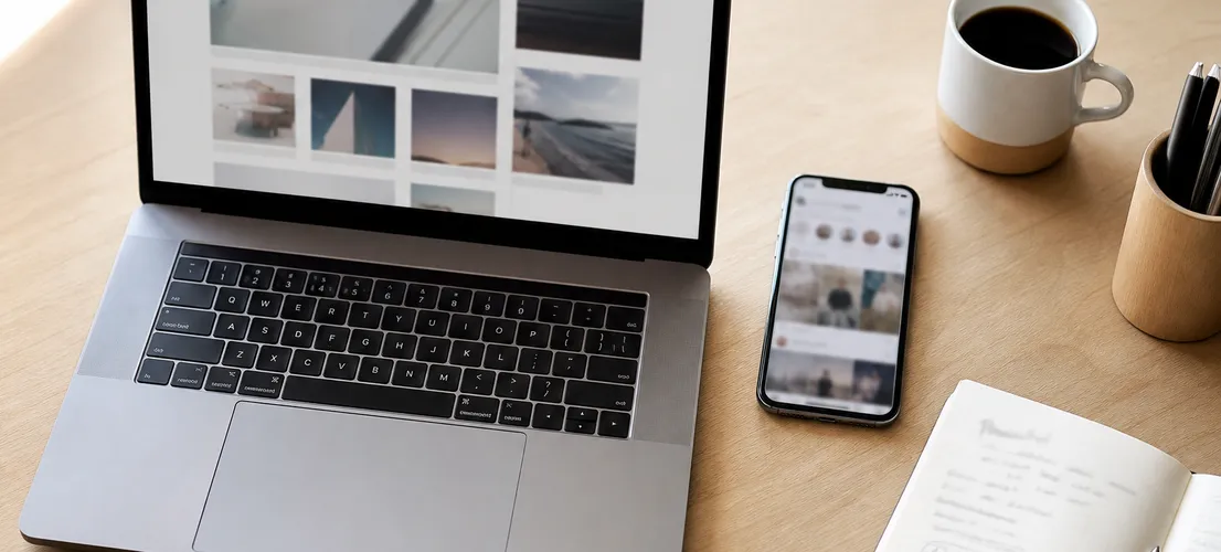 Mesa de trabajo con portátil, móvil y cuaderno representando la evaluación previa para captar leads en redes sociales
