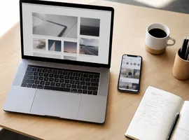 Mesa de trabajo con portátil, móvil y cuaderno representando la evaluación previa para captar leads en redes sociales