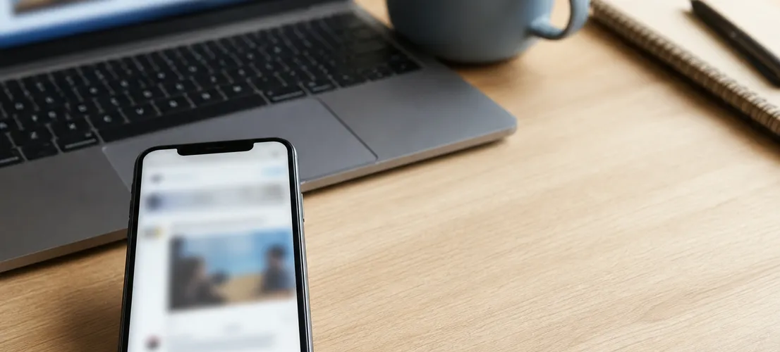 Teléfono y portátil sobre una mesa representando el flujo de leads desde redes sociales hacia la web