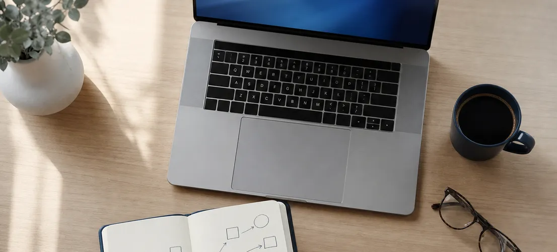 Escritorio con portátil y esquema de decisión, representando la estrategia de leads B2B en redes sociales
