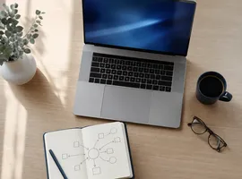 Escritorio con portátil y esquema de decisión, representando la estrategia de leads B2B en redes sociales