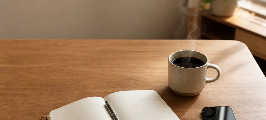 Mesa de despacho profesional con libreta y café, ambiente de confianza para servicios profesionales
