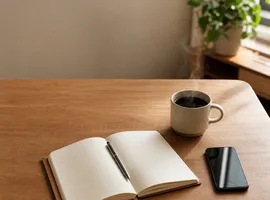 Mesa de despacho profesional con libreta y café, ambiente de confianza para servicios profesionales