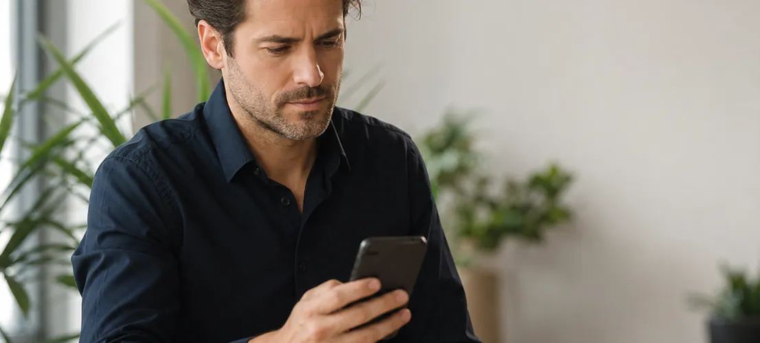 Persona revisando el móvil con expresión pensativa, reflexionando sobre likes y leads en redes sociales