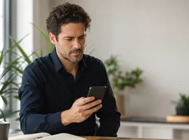 Persona revisando el móvil con expresión pensativa, reflexionando sobre likes y leads en redes sociales