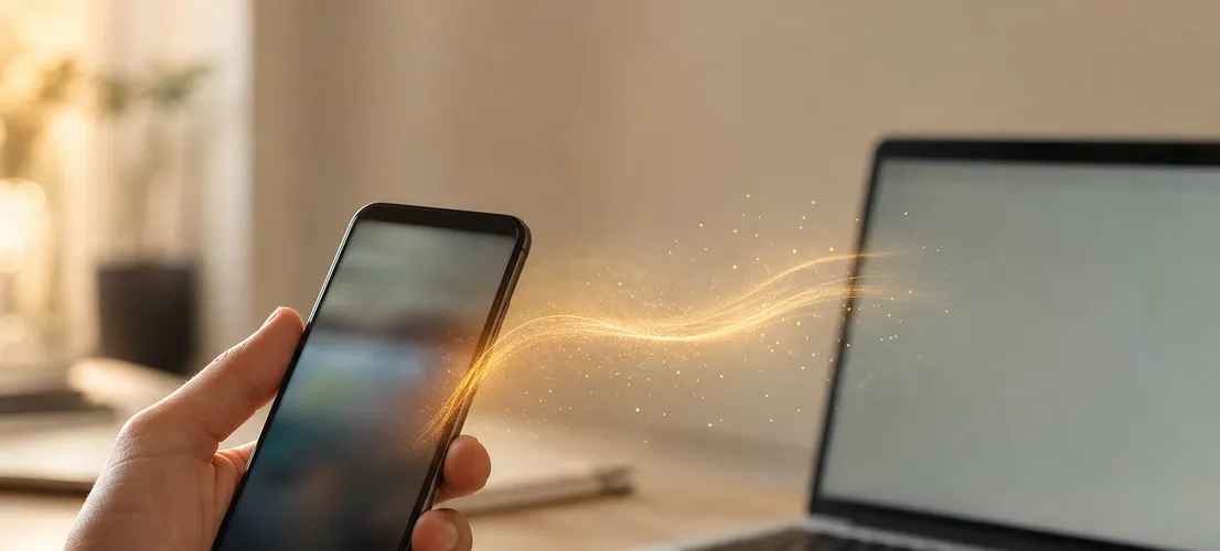 Flujo de luz entre un móvil y un portátil representando el tráfico de Instagram y Facebook hacia una web