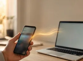 Flujo de luz entre un móvil y un portátil representando el tráfico de Instagram y Facebook hacia una web