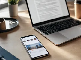 Escritorio con móvil y portátil representando el paso de una publicación breve a contenido de blog