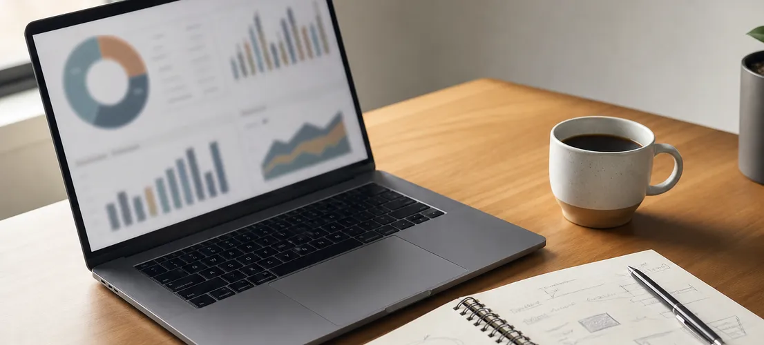 Escritorio con portátil y gráficos abstractos representando el análisis de leads generados en redes sociales