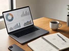 Escritorio con portátil y gráficos abstractos representando el análisis de leads generados en redes sociales