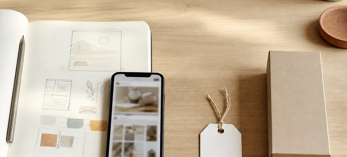 Composición de mesa de trabajo que representa el equilibrio de una presencia social que vende entre contenido útil y comercial