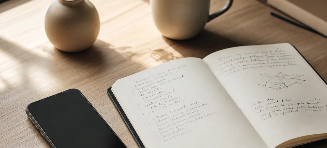 Escritorio de trabajo con smartphone y cuaderno, representando la redacción cuidada de publicaciones sociales