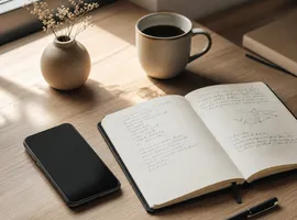 Escritorio de trabajo con smartphone y cuaderno, representando la redacción cuidada de publicaciones sociales