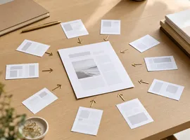Documento de artículo rodeado de tarjetas de ideas, representando cómo reutilizar artículos en posts