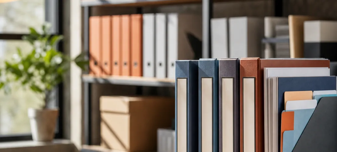 Estantería organizada de carpetas temáticas que representa una biblioteca de contenido acumulada