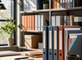 Estantería organizada de carpetas temáticas que representa una biblioteca de contenido acumulada