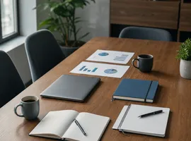 Mesa de reunión organizada que representa la preparación antes de una reunión con un cliente educado