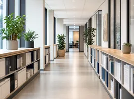 Pasillo de oficina despejado con documentos ordenados, metáfora de cómo el contenido reduce la fricción comercial