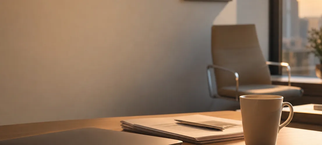 Mesa de oficina serena que representa el momento previo a una conversación comercial de confianza