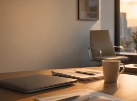 Mesa de oficina serena que representa el momento previo a una conversación comercial de confianza