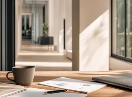 Mesa de trabajo con documentos antes de una reunión comercial B2B, representando la confianza construida previamente