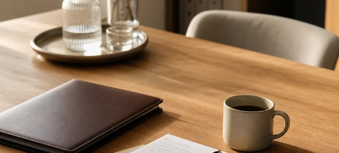 Escritorio de despacho profesional preparado antes de una reunión, transmitiendo confianza y criterio