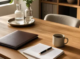 Escritorio de despacho profesional preparado antes de una reunión, transmitiendo confianza y criterio