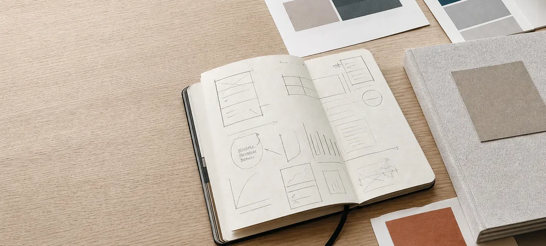 Mesa de estudio de branding con muestras visuales y notas de estrategia de marca