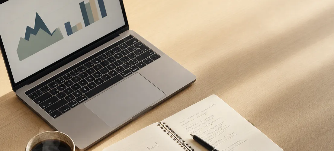 Escritorio de trabajo con portátil y notas para medir si la marca ayuda a vender