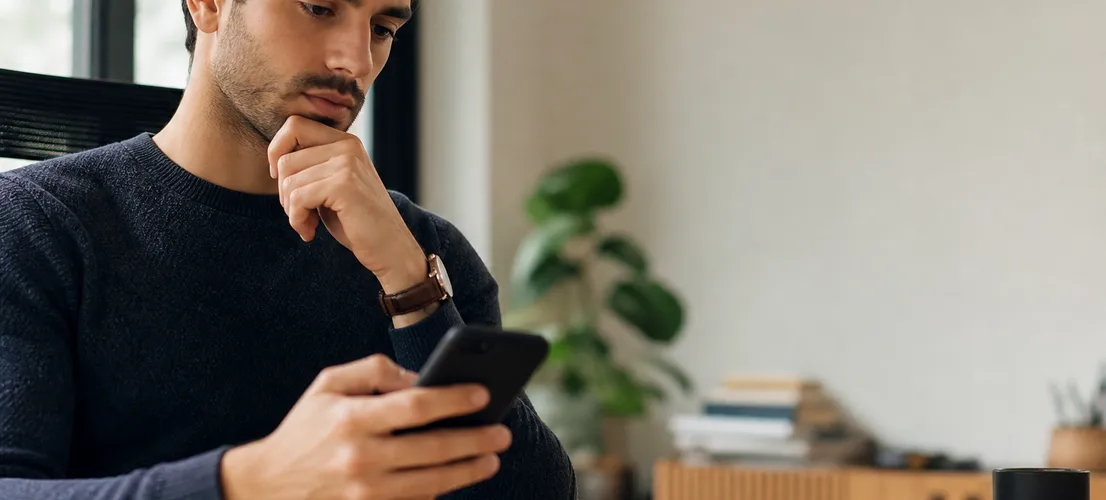 Persona revisando el móvil antes de contactar con una marca, reflejando la confianza generada en redes sociales