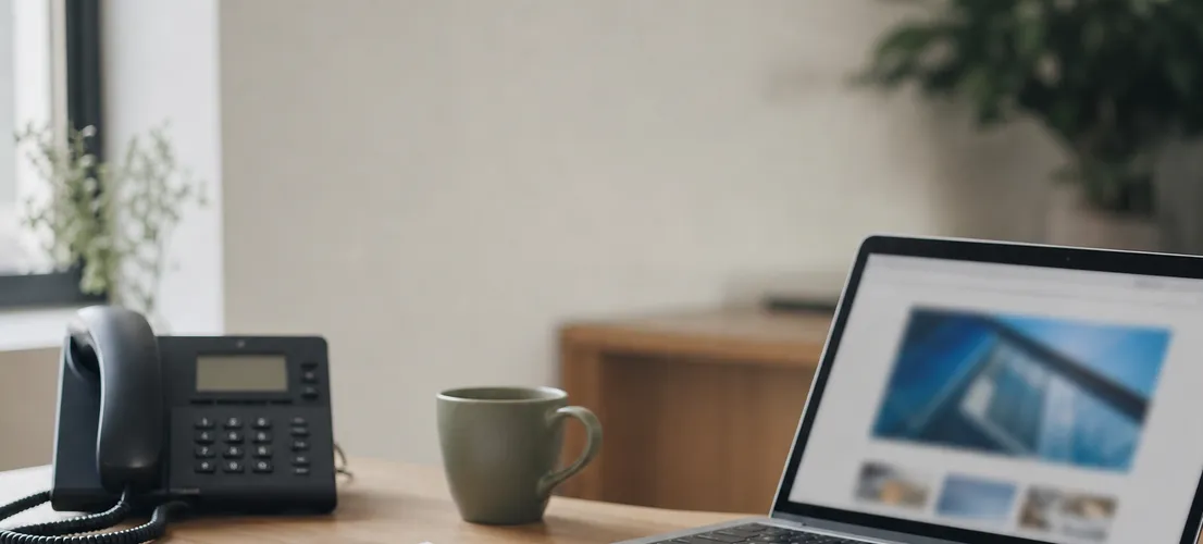 Escritorio con laptop y notas representando el contenido web que prepara una llamada comercial