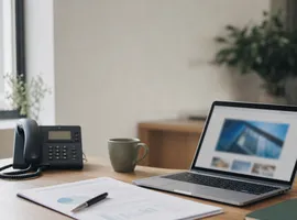 Escritorio con laptop y notas representando el contenido web que prepara una llamada comercial