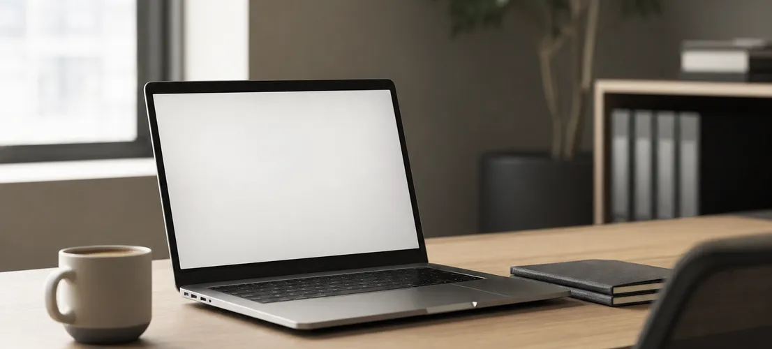 Escritorio con portátil de pantalla vacía, representando una web sin contenido que genera desconfianza