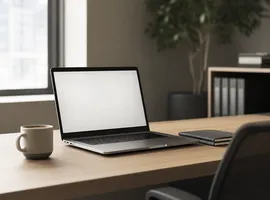 Escritorio con portátil de pantalla vacía, representando una web sin contenido que genera desconfianza