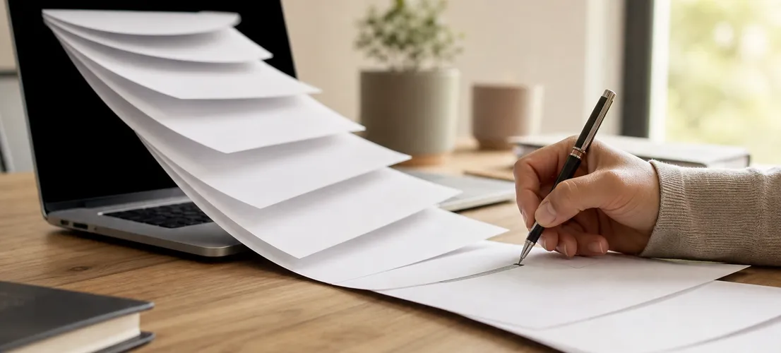 Escritorio de trabajo con documentos generados en cadena y una mano revisando uno de ellos, representando errores de marketing con IA